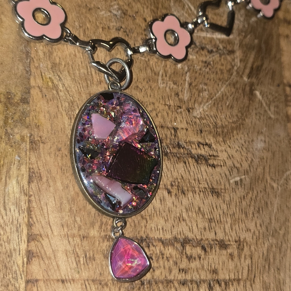 New! Handmade dichroic glass epoxy pink pendant long beaded necklace